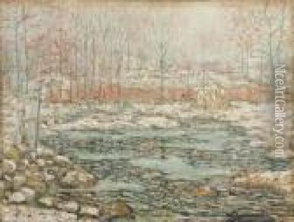 Impressionistic Winter Landscape With Stream, Haystack And Distant Buildings Oil Painting - Ernest Lawson
