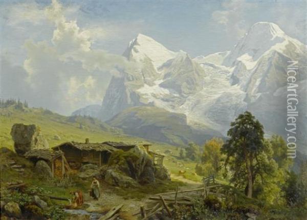 View From The Wengerenalp Towards The Eiger And Monch Oil Painting - August Wilhelm Leu