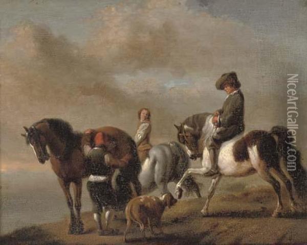 A Landscape With Horsemen By A Bank Oil Painting - Pieter Wouwermans or Wouwerman