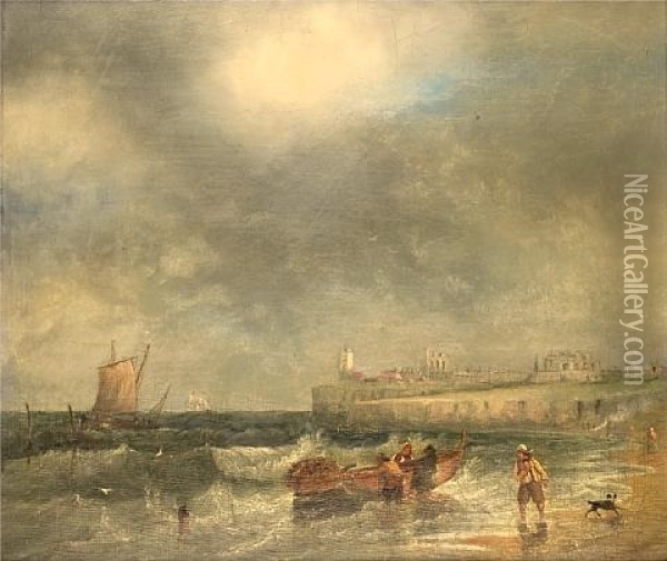 High Tide On The Beach At Tynemouth, With The Lighthouse And The Ruins Of The Old Priory On The Headland Beyond Oil Painting - John Wilson Carmichael