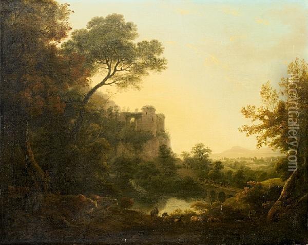 Peasants Grazing Their Cattle In A Wooded River Landscape With A Castle In The Distance Oil Painting - William Ashford