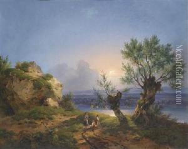 River Scenery With Human And Animal Figures In The Foreground Oil Painting - Dominik Schufried