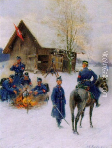 Rastende Schweizer Miliz In Winterlandschaft Oil Painting - Joseph Klemens Kaufmann