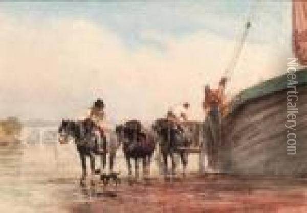 Unloading A Boat On The Thames At Low Tide, London Oil Painting - David I Cox