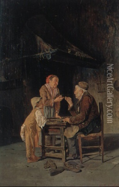 At The Cobbler's Oil Painting - Giuseppe Costantini