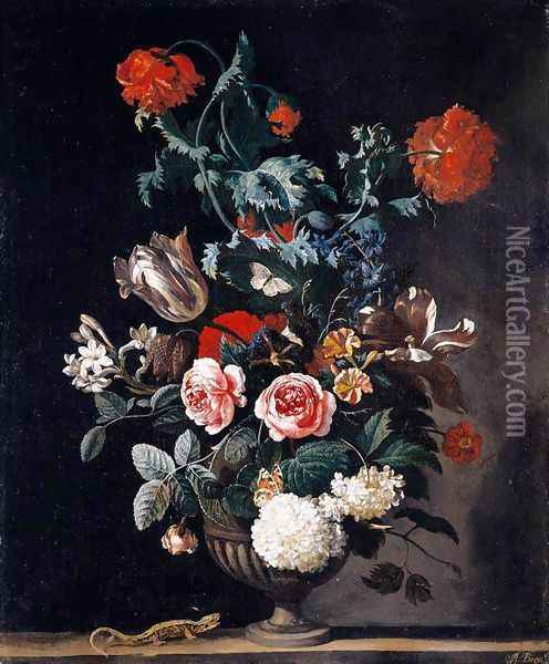 Flowers in a Stone Vase 1670 Oil Painting - Abraham Jansz Begeyn