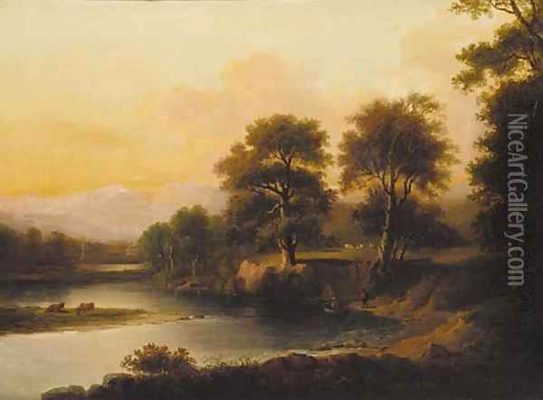 A ferry crossing in a wooded river landscape with a monument beyond Oil Painting - Alexander Nasmyth