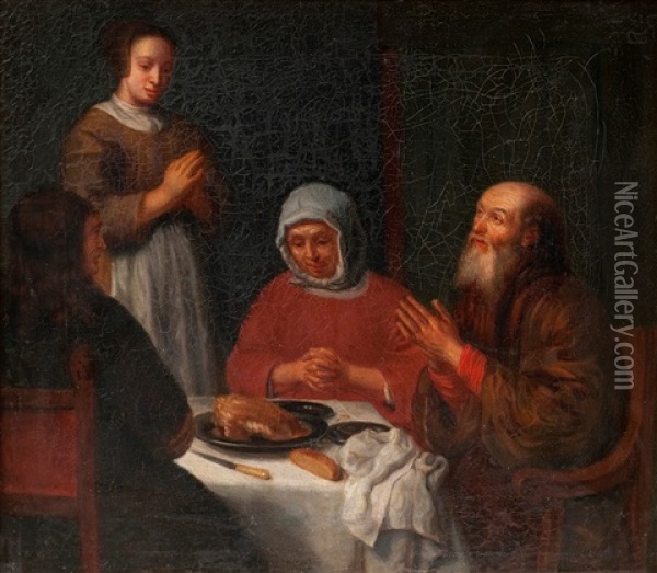 A Family Praying Before Supper Oil Painting - Robert Wilhelm Ekman
