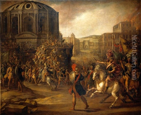 A Battle Scene With A Roman Army Besieging A Large City Oil Painting - Juan de LaCorte