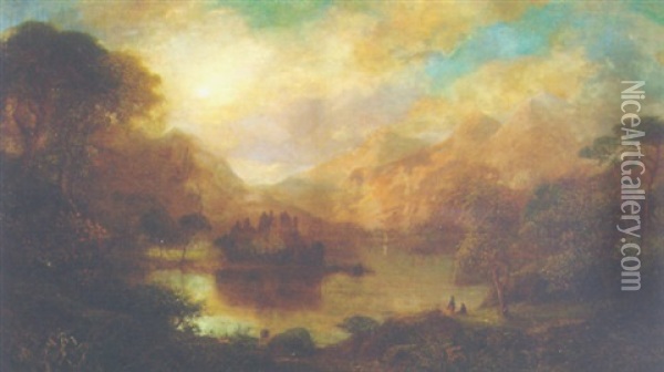 Figures In A Mountainous Loch Landscape With A Ruined Castle Beyond Oil Painting - George F. Buchanan