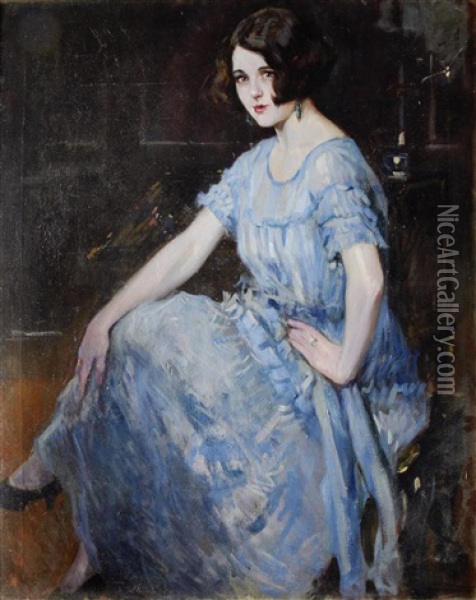 Portrait Of A Young Woman In A Blue Dress Oil Painting - Alejandro Christophersen