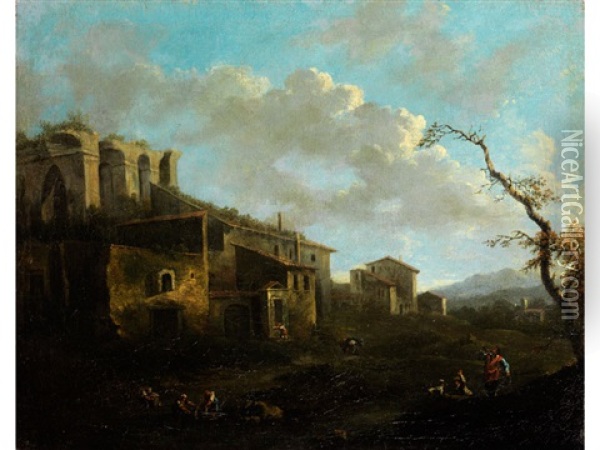 Landschaft Mit Bauerngehoften Und Romischer Ruine Oil Painting - Jacob De Heusch