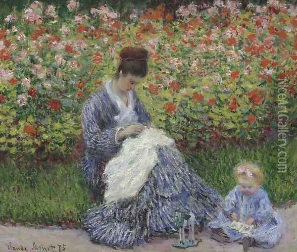 Camille Monet and a child in the artists garden in Argenteuil 1875 Oil Painting - Claude Oscar Monet