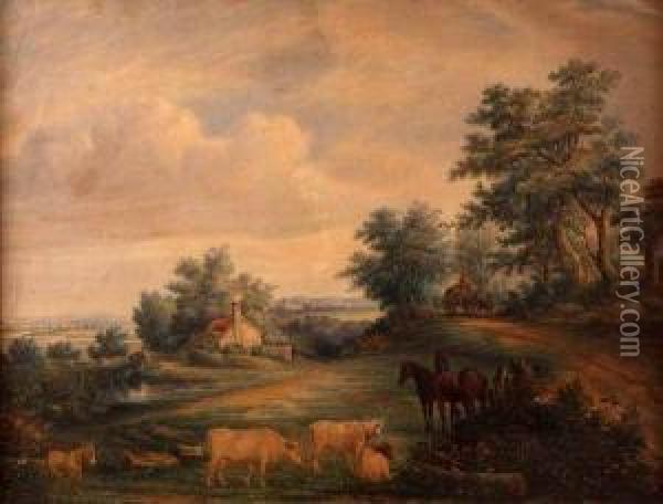Extensive Landscape With Horses Oil Painting - Cornelius Jansen Walter Winter