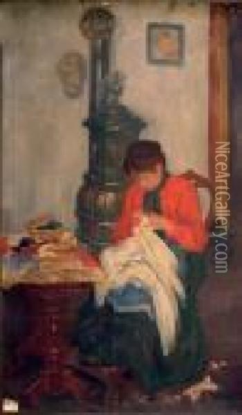 Femme Cousant Dans Un Interieur Oil Painting - Raphael-Leon Leguilloux