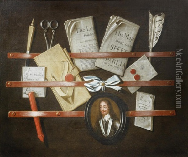 A Trompe L'oeil Still Life Of A Letter Rack With Letters, Pamphlets, Scissors, A Quill Pen, A Wax Seal And An Oval Miniature Of King Charles I Oil Painting - Edward Collier