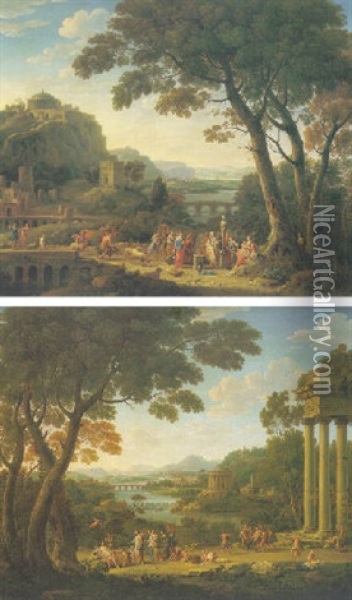 An Extensive Landscape With Venus, Apollo And Cupid, Silenus And Other Classical Figures And Temples Oil Painting - Hendrick Frans van Lint