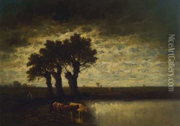 Hirtin Mit Vieh Am Wasser Oil Painting - Heinrich Neppel
