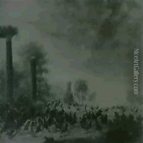 Cavaliers Combattant Pres D'un Portigue Oil Painting - Henri Desire van Blarenberghe