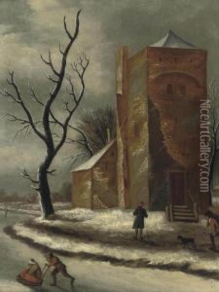 A Winter Landscape With Figures On A Frozen River Beside A Church Oil Painting - Claes Molenaar (see Molenaer)