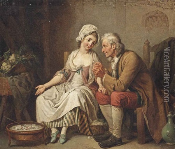 An Old Man Threading A Needle For A Young Seamstress Before A Brazier Of Coals Oil Painting - Pierre Alexandre Wille