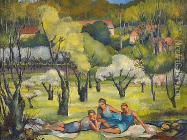 Figures In A Landscape Oil Painting - Lucien A. Labaudt