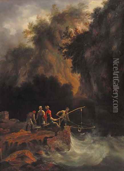 Fishermen netting fish off a rocky ledge in a mountainous wooded landscape Oil Painting - Condy, Nicholas Matthews