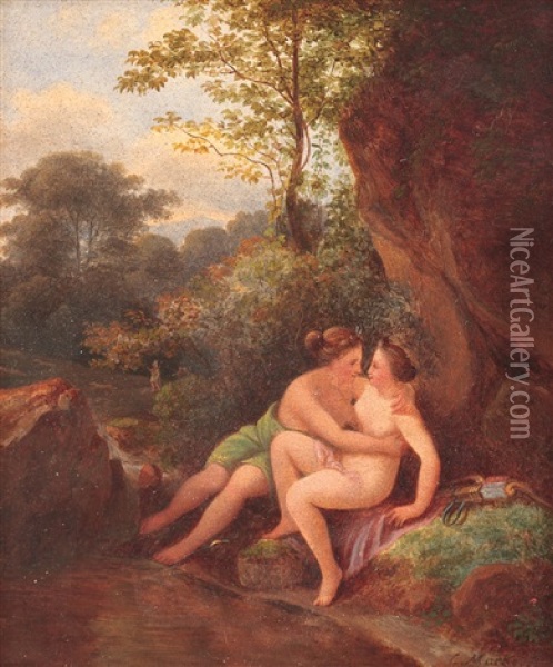 Diana And Callisto (jupiter Disguised In Diana, Seducing Callisto, At The Edge Of A Creek, Having Cupidon In The Distant Plan) Oil Painting - Karoly Marko the Younger