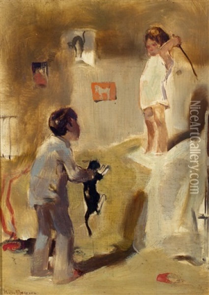 Zusje En De Kat Plagen Oil Painting - Han Van Meegeren