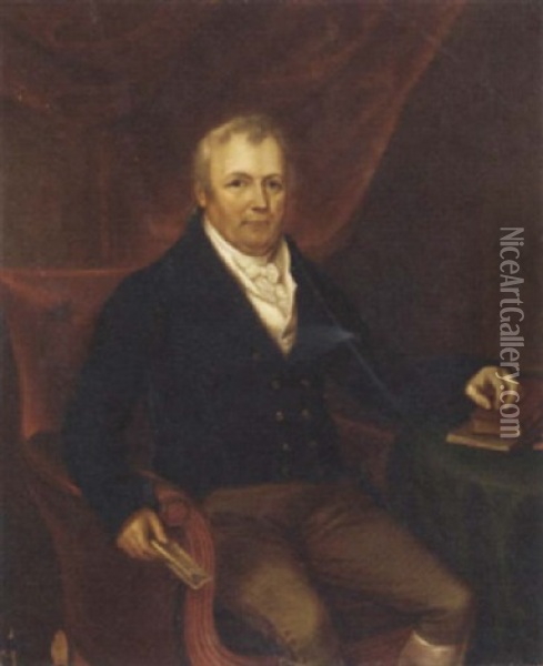 Portrait Of A Gentleman In A Blue Jacket, Seated At A Table And Holding A Note In His Right Hand Oil Painting - James Leakey