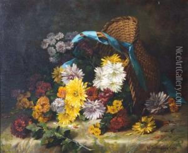 An Upturned Ribbon Tied Pannier Of Chrysanthemums Oil Painting - Louis De Schryver