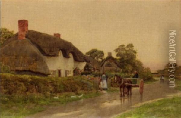 Horse And Cart Outside Cottages Oil Painting - Curtius Duassut