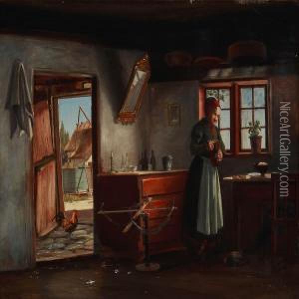 Country Interior With An Elderly Woman Oil Painting - Isidor Kalckar