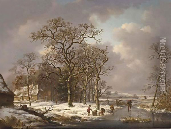 A Winter Landscape With Figures On A Frozen Waterway Oil Painting - Andreas Schelfhout