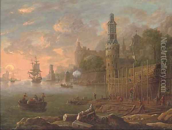 A Mediterranean coastal harbour with figures building a man'o-war, shipping beyond Oil Painting - Bonaventura Peeters