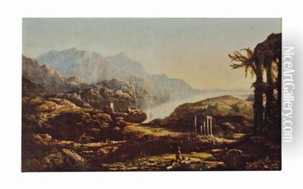 Figures In A Mountainous Landscape With A Town And Ruins In The Distance Oil Painting - John Denison Crocker