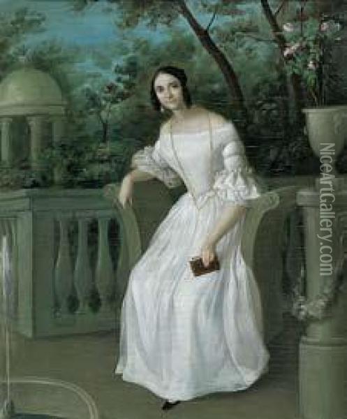Sentada En El Jardin. Oil Painting - Claudio Lorenzale Y Sugranes