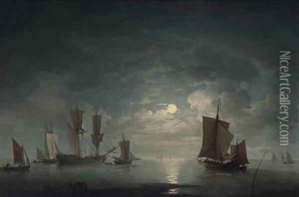 An English Merchant Brig And Coastal Craft Becalmed By Moonlight Oil Painting - Charles Brooking