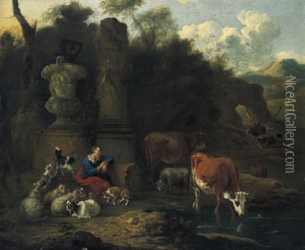 Hirt Und Herde In Einer Sudlichen Landschaft Oil Painting - Johannes van der Bent