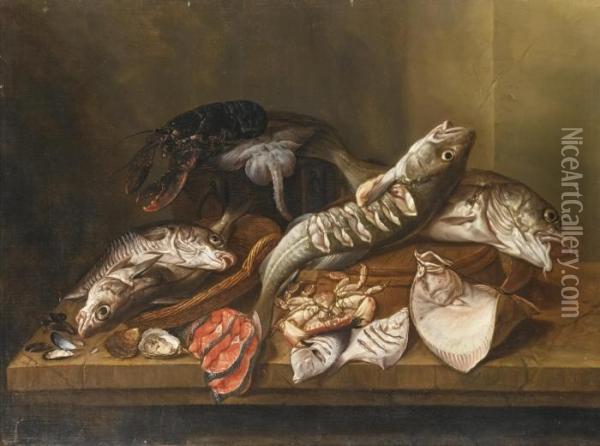 A Still Life With Fish, An 
Upturned Crab, Oysters, Cockles And Muscles, A Ray, A Lobster, Turbot 
And Haddock, All On A Table In An Interior Oil Painting - Isaac Van Duynen