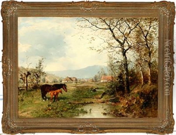 Autumn Landscape With Horses Near A Village Oil Painting - Ludwig Benno Fay