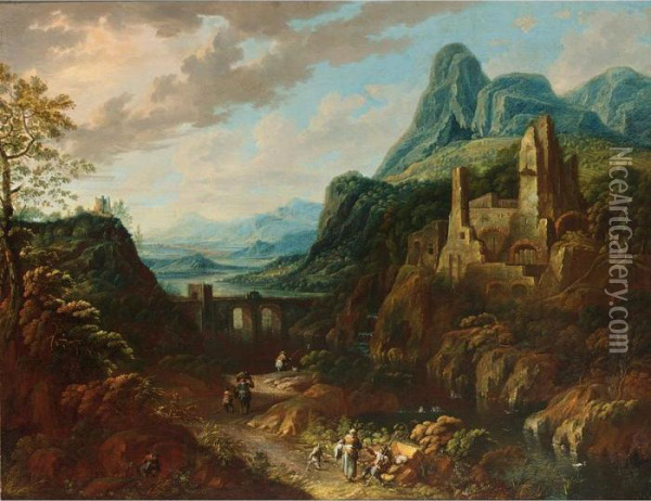 An Italianate River Landscape With Travellers And A Bridge Beyond Oil Painting - Johann Christian Vollerdt or Vollaert