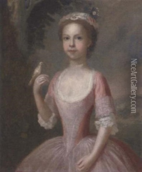 Portrait Of A Girl In A Pink And White Dress, Holding A Bird, In A Landscape Oil Painting - Charles Philips