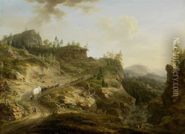 Landschaft Mit Pferden Und Planwagen Oil Painting - Johann Ulrich Koller