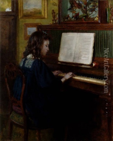 Portrait Of The Artist's Daughter At The Piano Oil Painting - Ernest Higgins Rigg