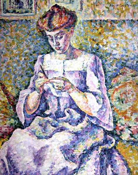 Woman Crocheting, 1908 Oil Painting - Lucie Cousturier