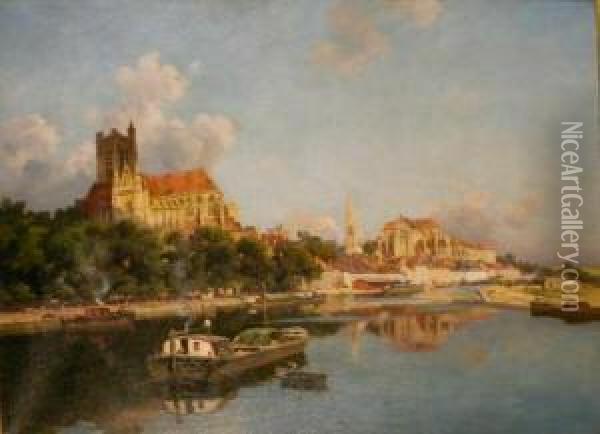 Port With View Of The Cathedral Of Auxerre Oil Painting - Joseph Garibaldi