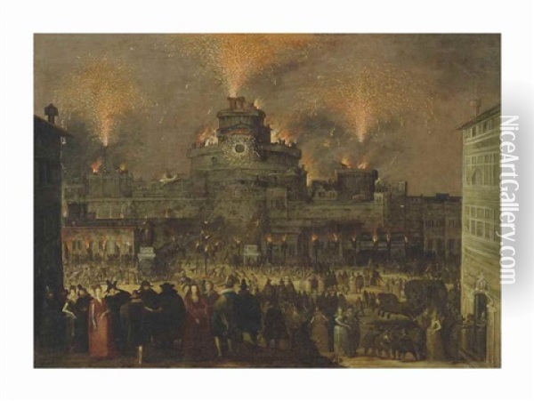 A Fireworks Display At The Castel Sant' Angelo, Rome Oil Painting - Louis de Caullery