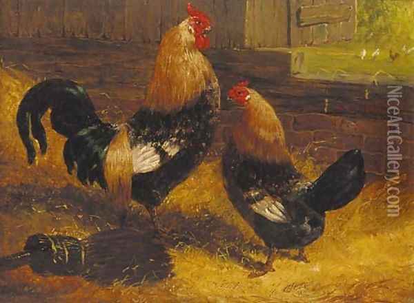 A cockerel and a hen before a barn door Oil Painting - John Frederick Herring Snr