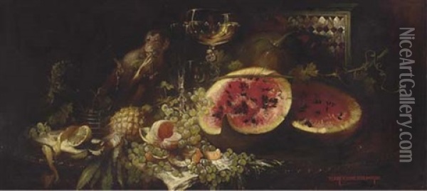 A Monkey At A Table With Fruit And Wine Oil Painting - Heinrich Hans Schlimarski